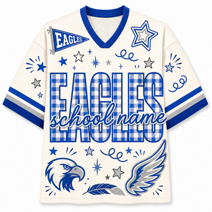 A custom V-neck football jersey in cream with blue and gray gingham patterns, featuring 'EAGLES' and 'school name' text, a blue and gray eagle head, wings, stars, and stripes on the sleeves.