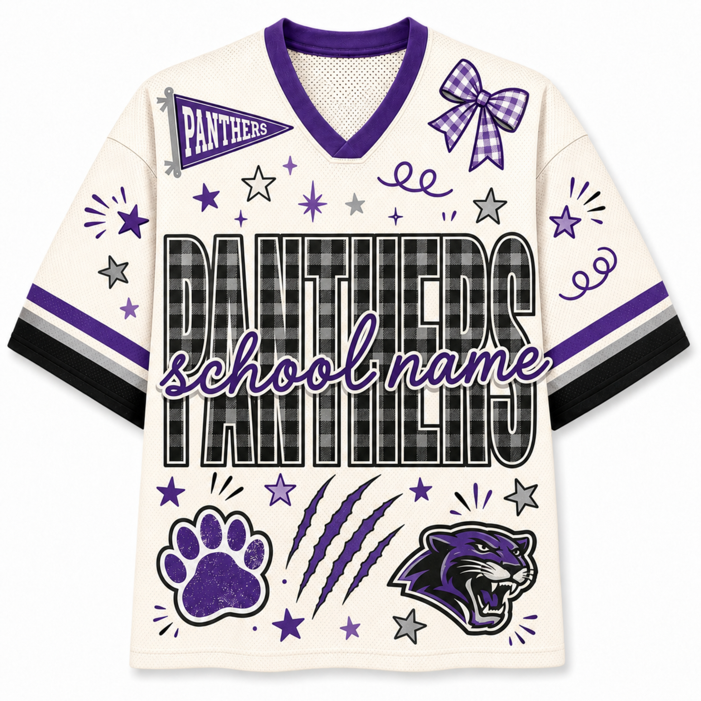 A custom Panthers school spirit jersey in cream with purple and black accents, featuring a V-neck, short sleeves, and various printed graphics including a bow, stars, paw print, claws, and a panther logo.