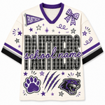 A custom Panthers school spirit jersey in cream with purple and black accents, featuring a V-neck, short sleeves, and various printed graphics including a bow, stars, paw print, claws, and a panther logo.