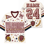 Custom sports jersey mockup showing front and back views. The jersey is cream-colored with maroon and navy blue accents, featuring a gingham pattern on the number 24, a maroon 'WARRIORS' text print, a Spartan helmet graphic, and customizable text placeholders 'NAME' and 'school name'.