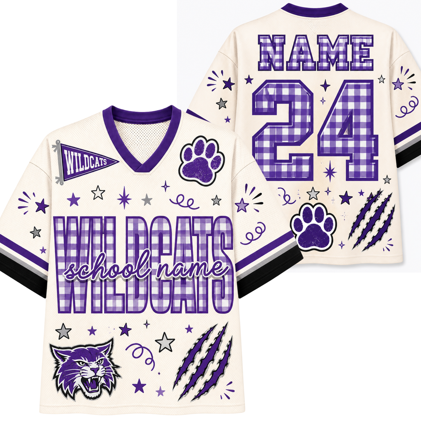 A custom football jersey shown from both front and back. The jersey is off-white with purple and black accents, featuring purple gingham-style graphics for the name and number on the back, 'WILDCATS' on the front, a wildcat logo, paw prints, stars, and decorative swirls.