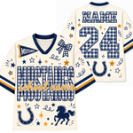 Front and back views of a customizable cream-colored football jersey with navy blue and navy-and-white gingham patterns, featuring school-themed graphics like stars, horseshoes, a horse silhouette, and placeholder text for 'NAME' and 'school name'.
