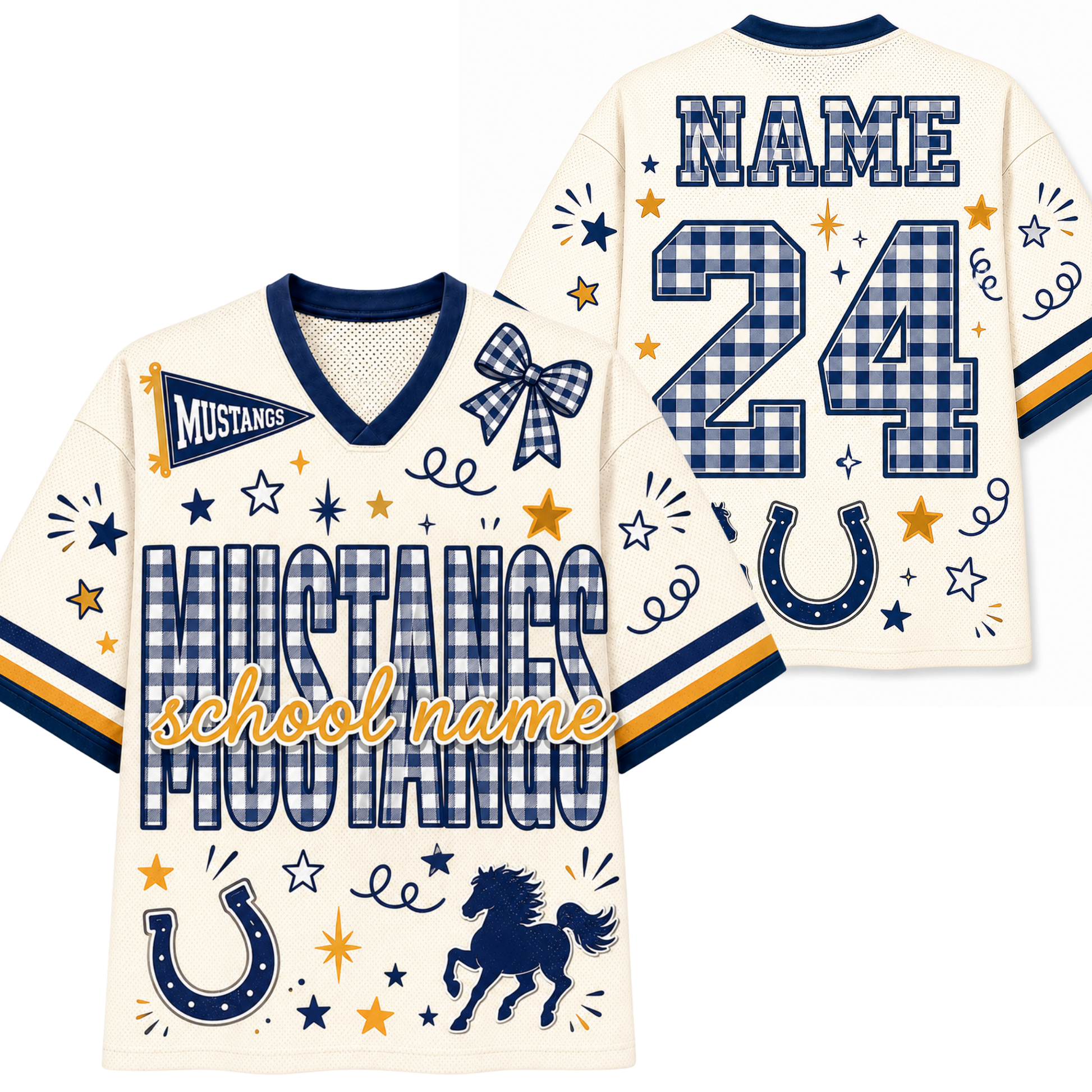 Front and back views of a customizable cream-colored football jersey with navy blue and navy-and-white gingham patterns, featuring school-themed graphics like stars, horseshoes, a horse silhouette, and placeholder text for 'NAME' and 'school name'.