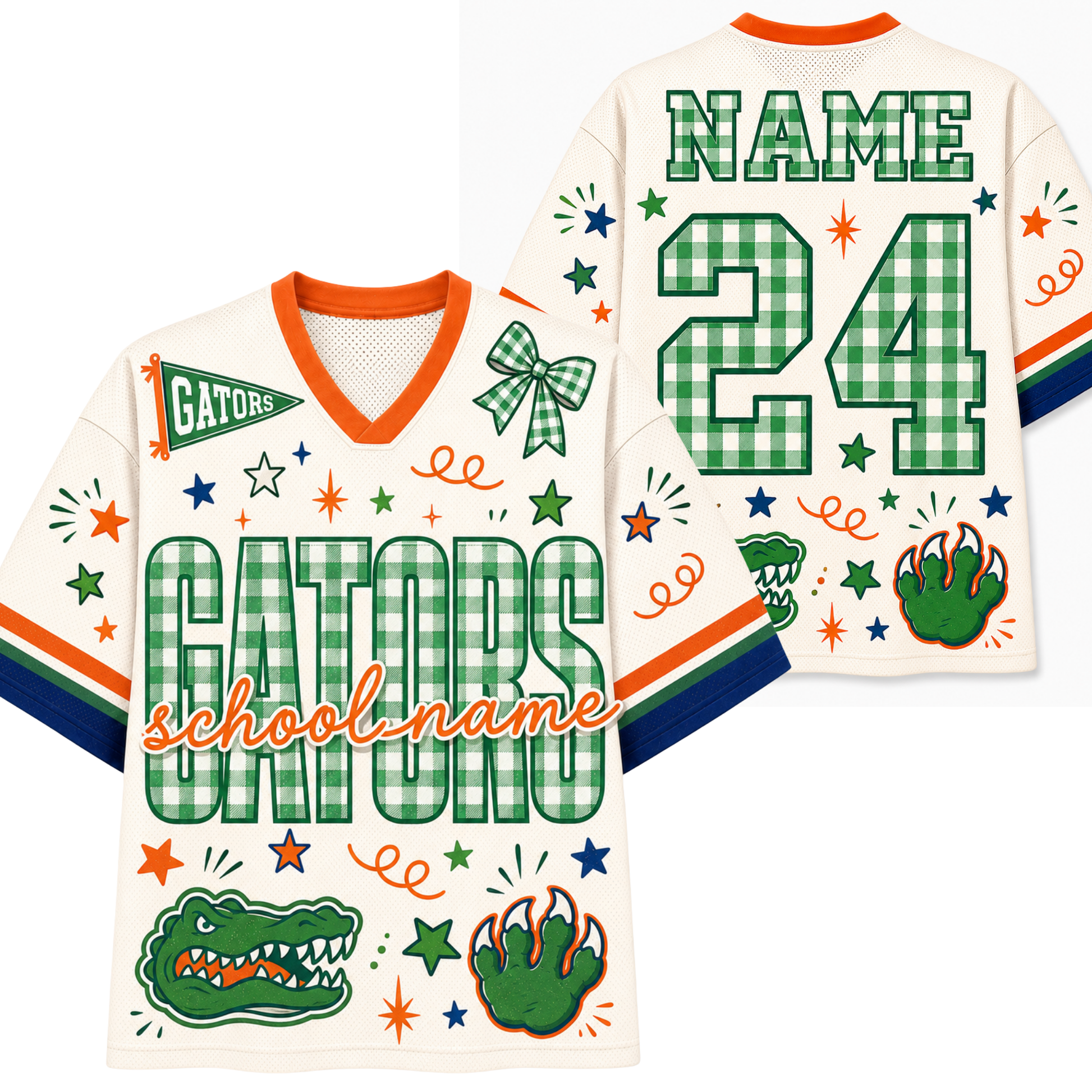 A Florida Gators themed custom sports jersey shown from both front and back views. The jersey has a cream base with green gingham pattern lettering for 'GATORS' and the number '24', orange trim on the collar and sleeve cuffs, and various green and blue graphic accents including a bear paw print, alligator head, and stars.