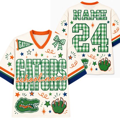 A Florida Gators themed custom sports jersey shown from both front and back views. The jersey has a cream base with green gingham pattern lettering for 'GATORS' and the number '24', orange trim on the collar and sleeve cuffs, and various green and blue graphic accents including a bear paw print, alligator head, and stars.