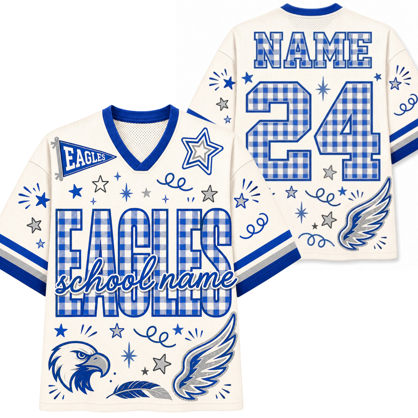 A Philadelphia Eagles themed short-sleeve V-neck jersey shirt shown from both front and back. The shirt features a cream base with royal blue and red graphics, including the team name 'EAGLES', a large eagle head logo on the front, and 'let's go' text on the sleeve.