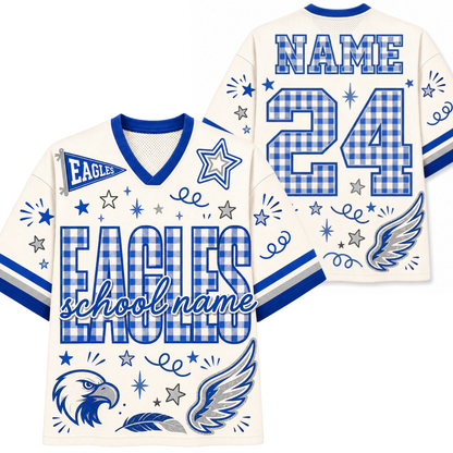 A Philadelphia Eagles themed short-sleeve V-neck jersey shirt shown from both front and back. The shirt features a cream base with royal blue and red graphics, including the team name 'EAGLES', a large eagle head logo on the front, and 'let's go' text on the sleeve.