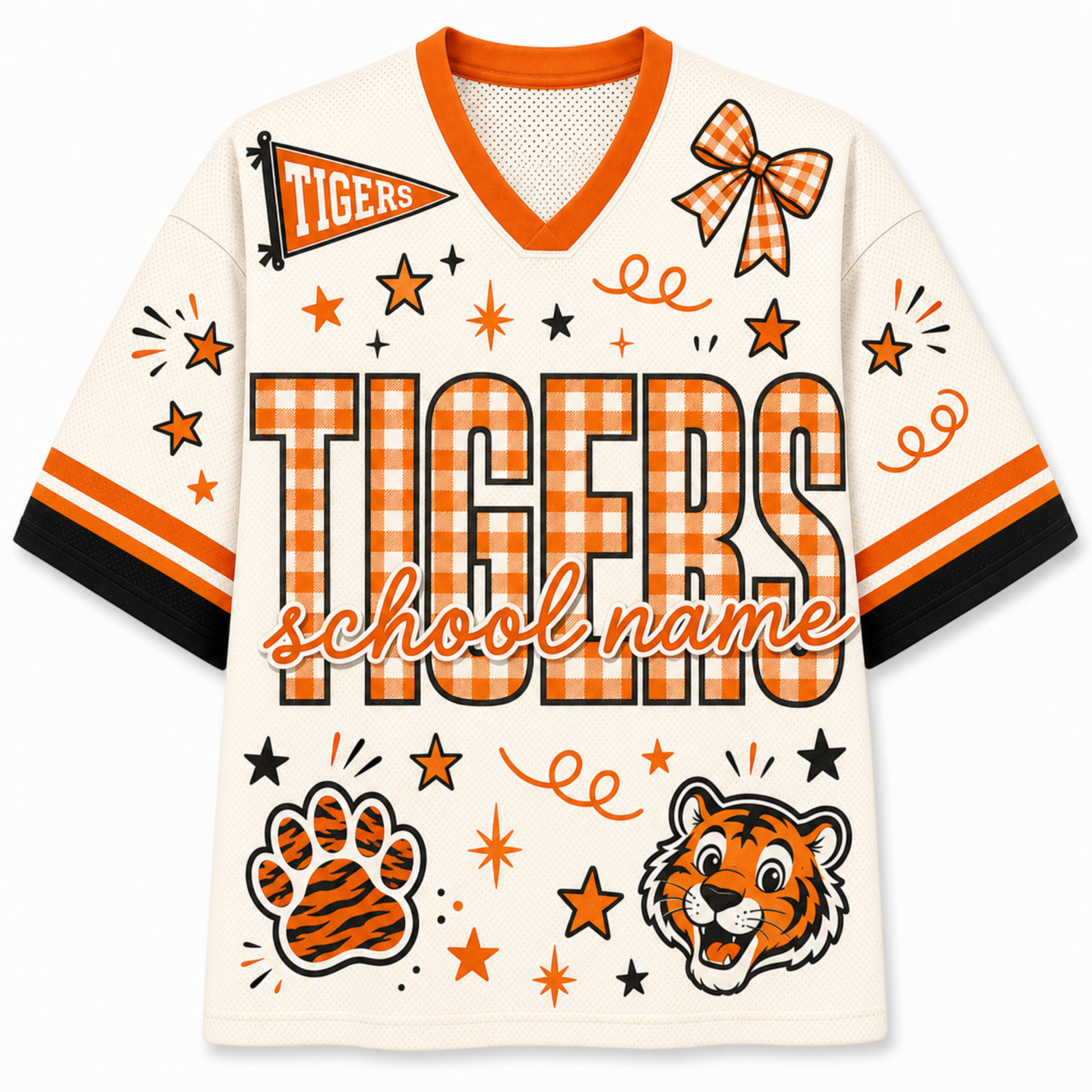 A custom short-sleeve V-neck athletic jersey in cream with orange and black accents. The jersey features a large orange and black gingham block-letter 'TIGERS' print on the front, a smaller orange and black gingham bow graphic on the right chest, a small orange and black gingham pennant flag on the left chest, and a tiger face graphic on the lower right.