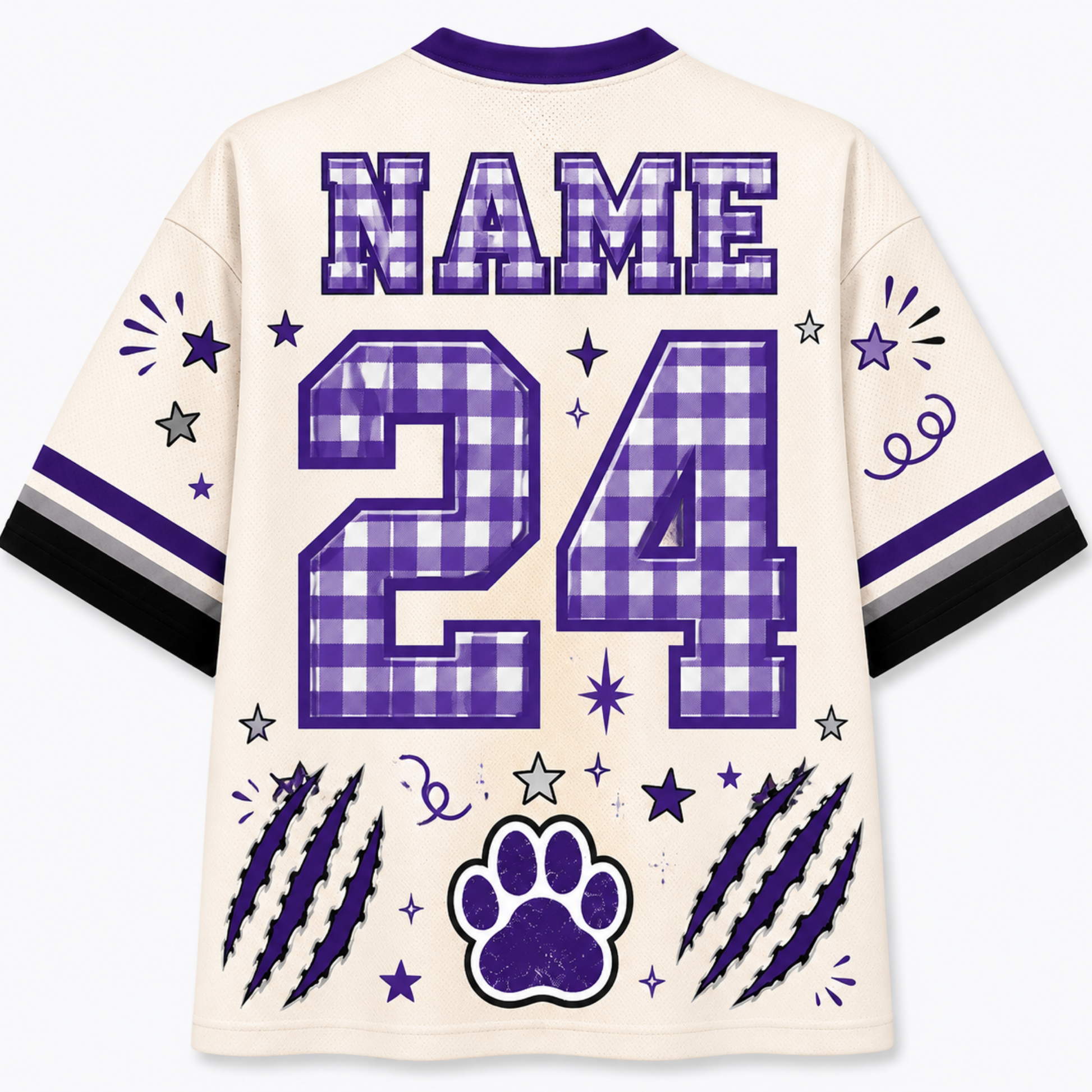 Customizable cream-colored athletic jersey shirt shown from the back, featuring purple and white gingham check patterns on the name and number 24, along with purple paw print, claw marks, and star graphics.
