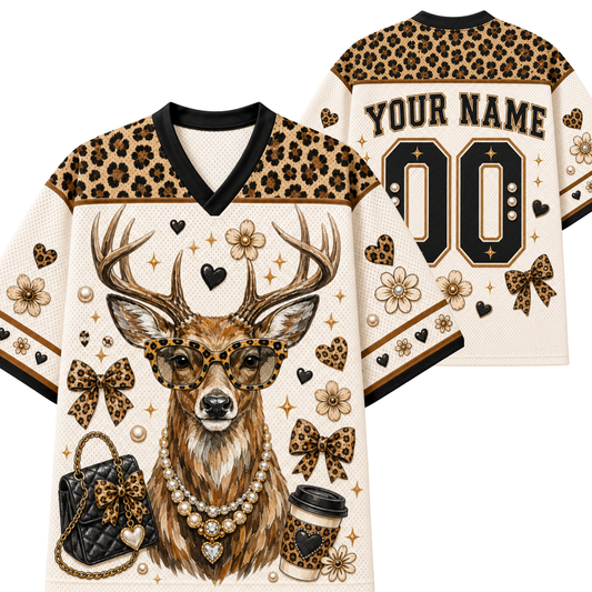 Front and back view mockup of the cream and leopard print Chaotic Club mesh jersey featuring a stylish deer with leopard glasses, custom name, and number 00.