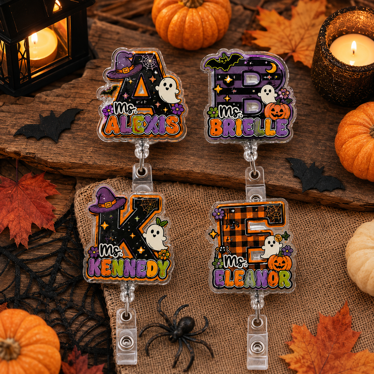Four personalized clear plastic braid clip name tags shaped like letters A, B, K, and F, decorated with Halloween motifs such as ghosts, pumpkins, and a witch hat, displayed on a rustic wooden surface with autumn decorations.