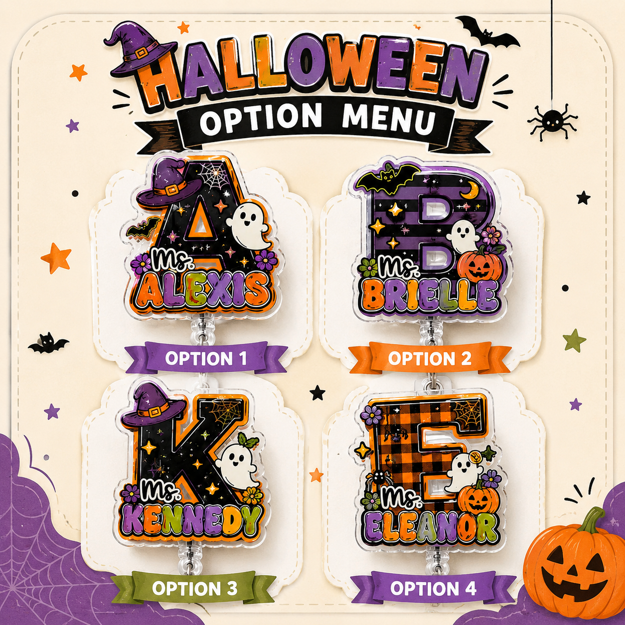Halloween-themed option menu graphic showing four customizable letter nameplates with witch, bat, ghost, pumpkin, and plaid motifs. The top reads 'HALLOWEEN OPTION MENU' and the options are labeled Option 1 through Option 4.