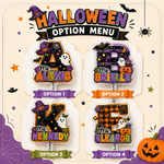 Halloween-themed option menu graphic showing four customizable letter nameplates with witch, bat, ghost, pumpkin, and plaid motifs. The top reads 'HALLOWEEN OPTION MENU' and the options are labeled Option 1 through Option 4.