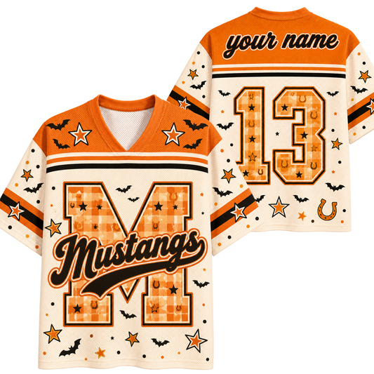 A split screen mockup showing the front and back of the cream and orange Chaotic Club Mustangs Halloween jersey featuring a plaid letter M, bats, pumpkins, and custom back number 13.