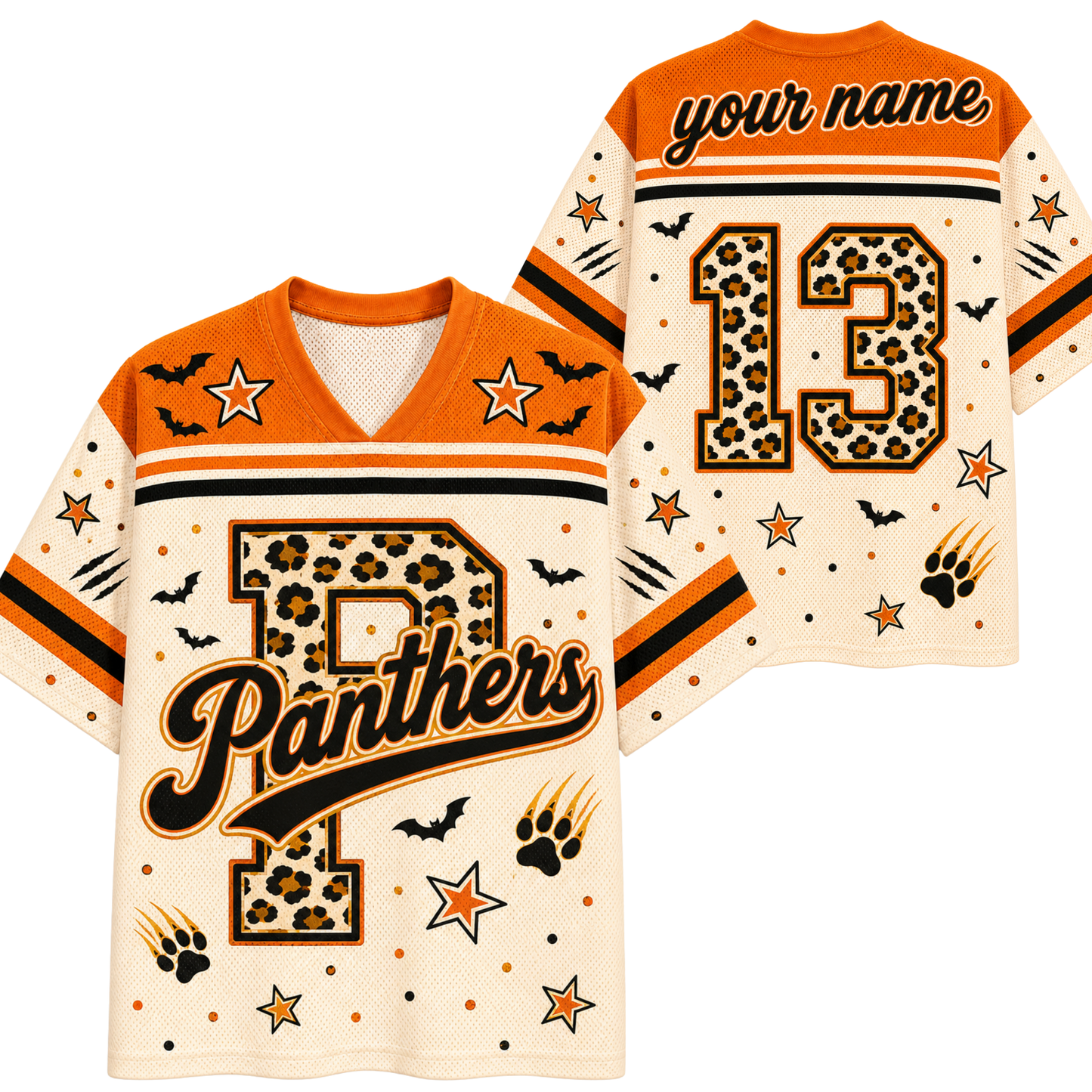 Personalized Panthers football jersey with Halloween-themed animal print graphics, shown in front and back views on a white background.