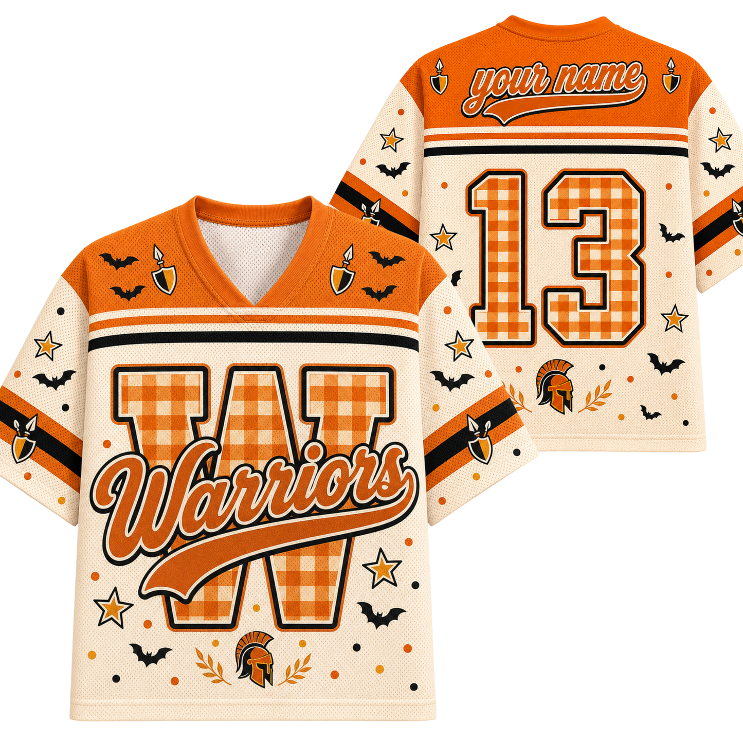 Front and back views of a customizable orange and cream Halloween football jersey with gingham patterns, 'Warriors' text, bats, stars, and a Spartan helmet graphic.