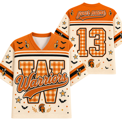 Front and back views of a customizable orange and cream Halloween football jersey with gingham patterns, 'Warriors' text, bats, stars, and a Spartan helmet graphic.