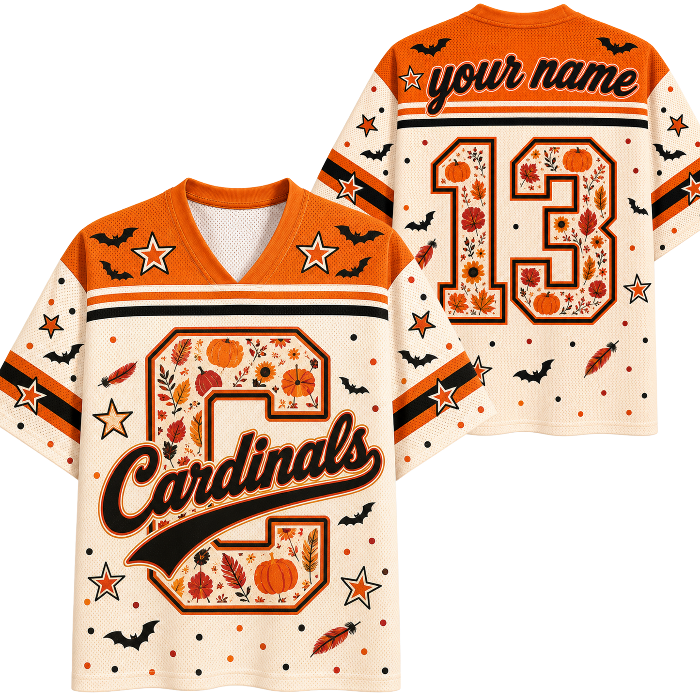 A custom football-style jersey shown from the front and back on a plain white background. The jersey has an orange collar and shoulders, a cream body, and a Halloween-themed pattern featuring stars, bats, pumpkins, leaves, and feathers.