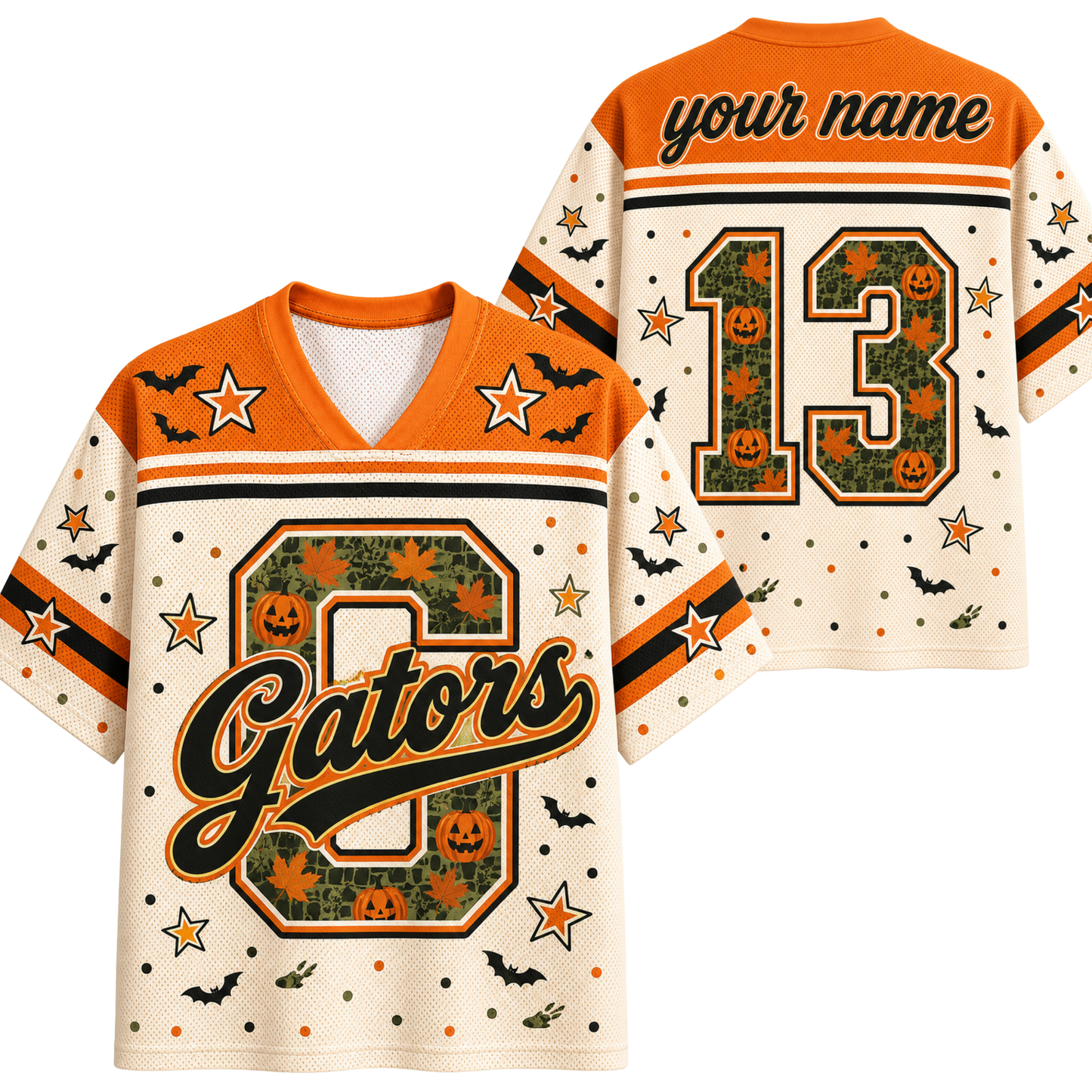 Front and back views of a custom Halloween-themed football jersey. The jersey features an orange collar and shoulders, cream-colored body with orange and black stripes on the sleeves, and a festive print of pumpkins, bats, stars, and dots.