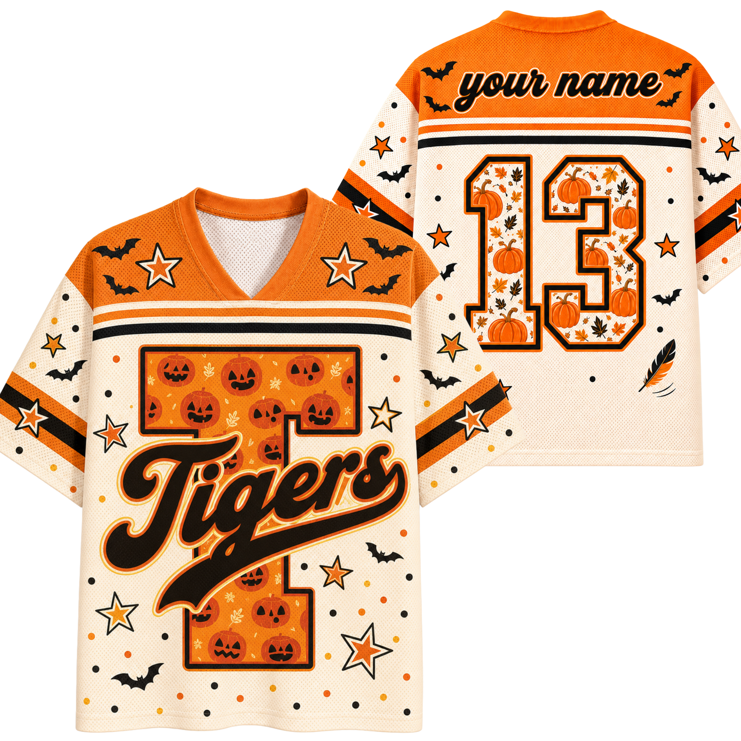 A split screen mockup showing the front and back of the cream and orange Chaotic Club Tiger, Halloween jersey featuring a plaid letter T, bats, pumpkins, and custom back number 13.