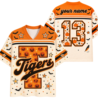 A split screen mockup showing the front and back of the cream and orange Chaotic Club Tiger, Halloween jersey featuring a plaid letter T, bats, pumpkins, and custom back number 13.