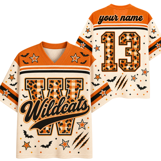 A custom Halloween-themed football jersey shown from both the front and back. The jersey features orange and cream gingham patterns with black leopard print overlays, decorated with stars, bats, and claw marks.