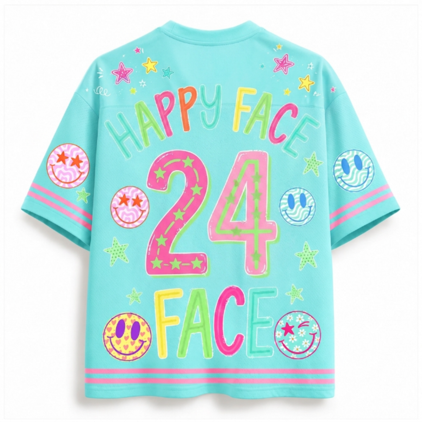 A light blue short-sleeve t-shirt with a colorful retro graphic on the back. The design features the text 'HAPPY FACE 24 FACE' in vibrant neon colors, decorated with smiley faces, stars, and circular patterns.