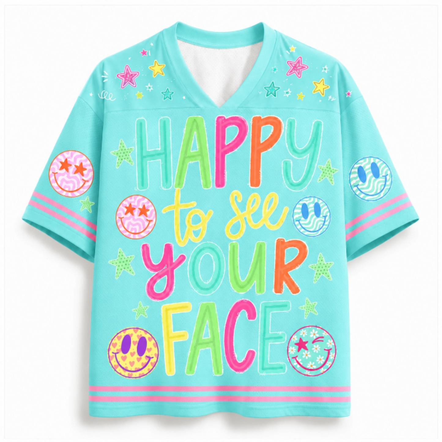 A light blue short-sleeve V-neck t-shirt with a colorful retro graphic that reads 'HAPPY to see YOUR FACE' in multicolored letters, decorated with smiley faces, stars, and stripes.