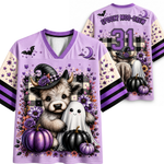 A purple V-neck athletic-style shirt shown from the front and back, featuring a Halloween graphic of a dog wearing a witch hat, a ghost, pumpkins, bats, stars, and the text 'SPOOKY MOO-CREW' and '31'.