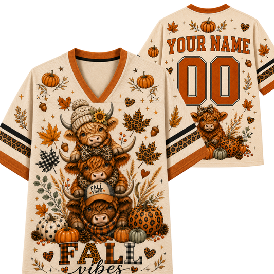 Front and back view mockup of the cream and terracotta orange Chaotic Club jersey featuring stacked highland cows, fall vibes text, custom name, and number 00.