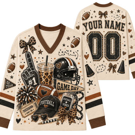 Front and back view mockup of the cream and brown Chaotic Club long sleeve jersey featuring a football collage with leopard bows, custom name, and leopard number 00.