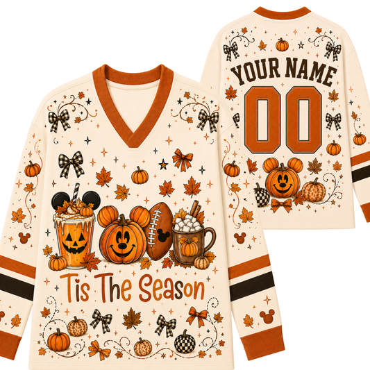 Front and back view mockup of the cream and terracotta orange Chaotic Club long sleeve jersey featuring Mickey pumpkin spice graphics, custom name, and number 00.