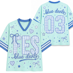 A mint green and blue gingham football-style t-shirt shown from both the front and back. The front features 'FES blue devils' in blue gingham block letters and script, decorated with blue stars, bows, and hearts.