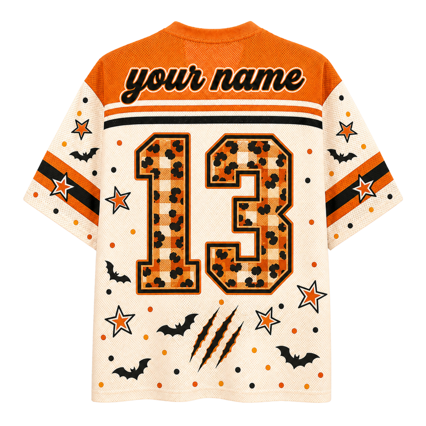 A short-sleeve mesh jersey shown from the back, featuring an orange and cream Halloween theme with 'your name' text, the number 13 in a leopard print pattern, stars, bats, and claw marks.