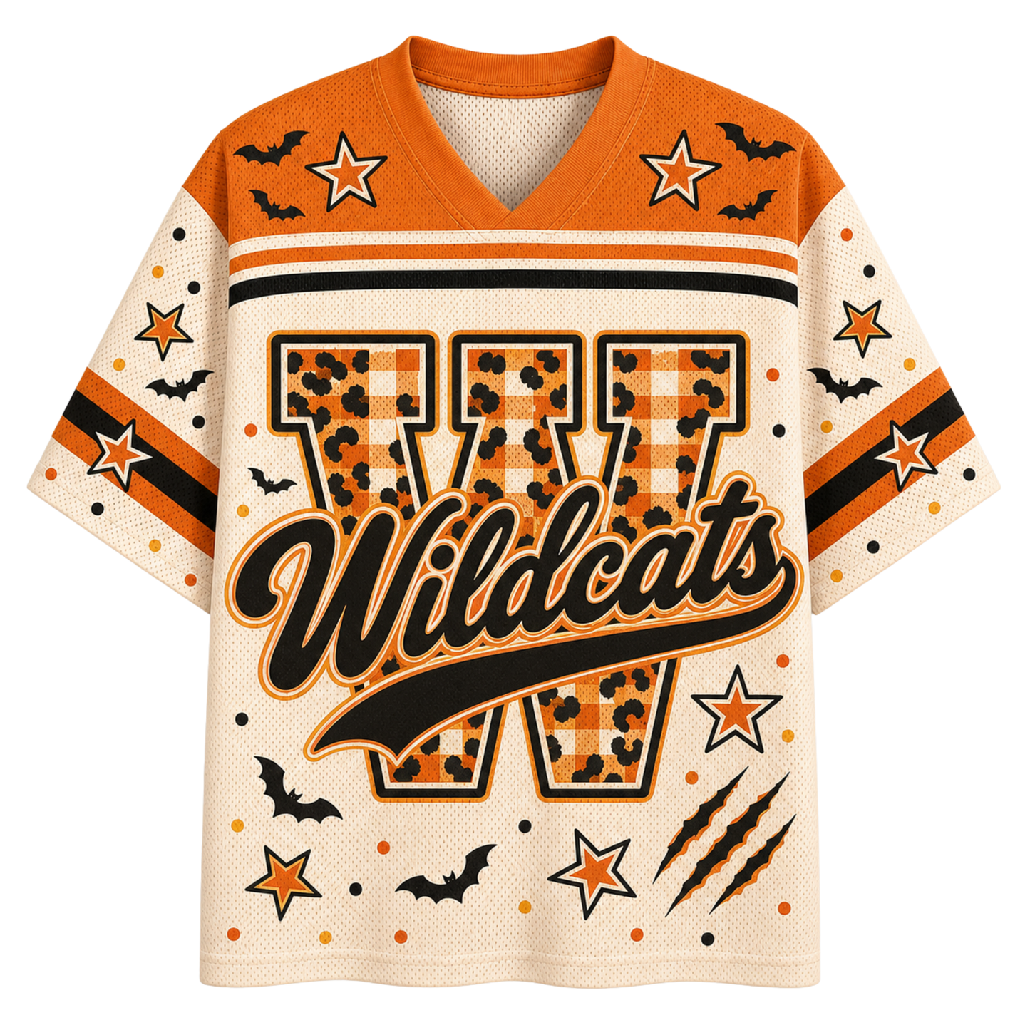 A short-sleeve V-neck athletic jersey with a Halloween theme. The jersey features orange shoulder panels, a cream body, and a large central letter 'W' filled with an orange-and-cream gingham pattern and leopard print details.