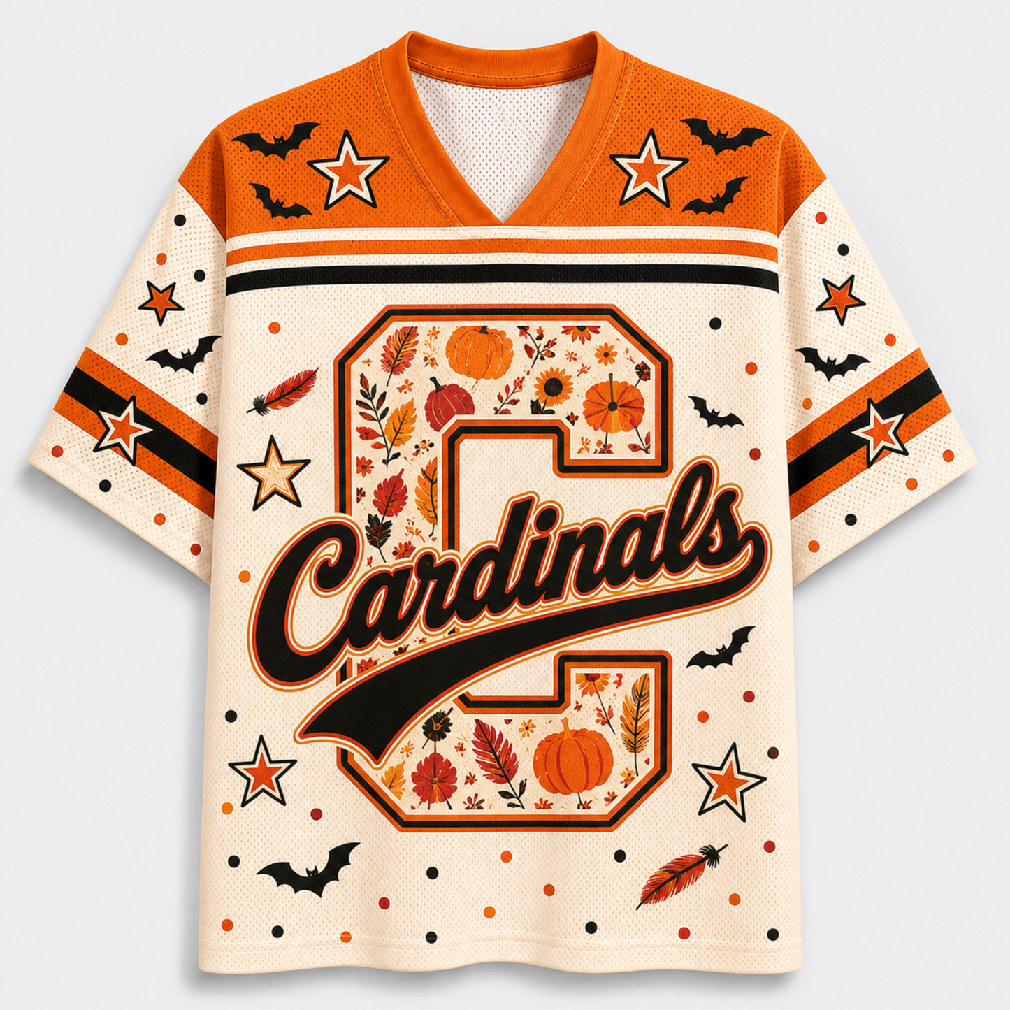 Front view of the cream varsity jersey displaying a large plaid monogram letter with script 'Cardinals' text surrounded by black bats and pumpkin doodles.