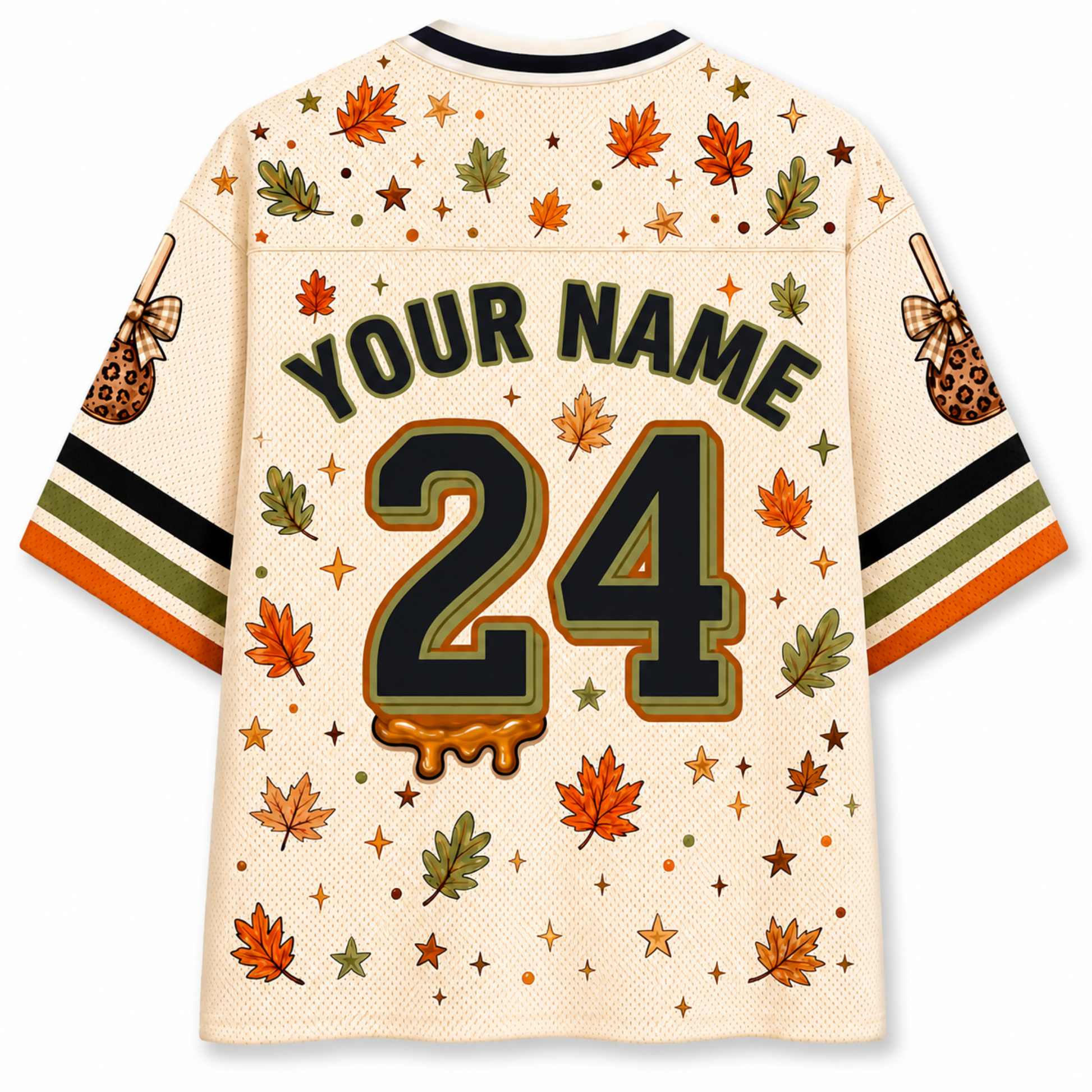 Back view of the Chaotic Club jersey showcasing custom text 'YOUR NAME' above an olive green dripping caramel number 24 surrounded by autumn maple leaves.