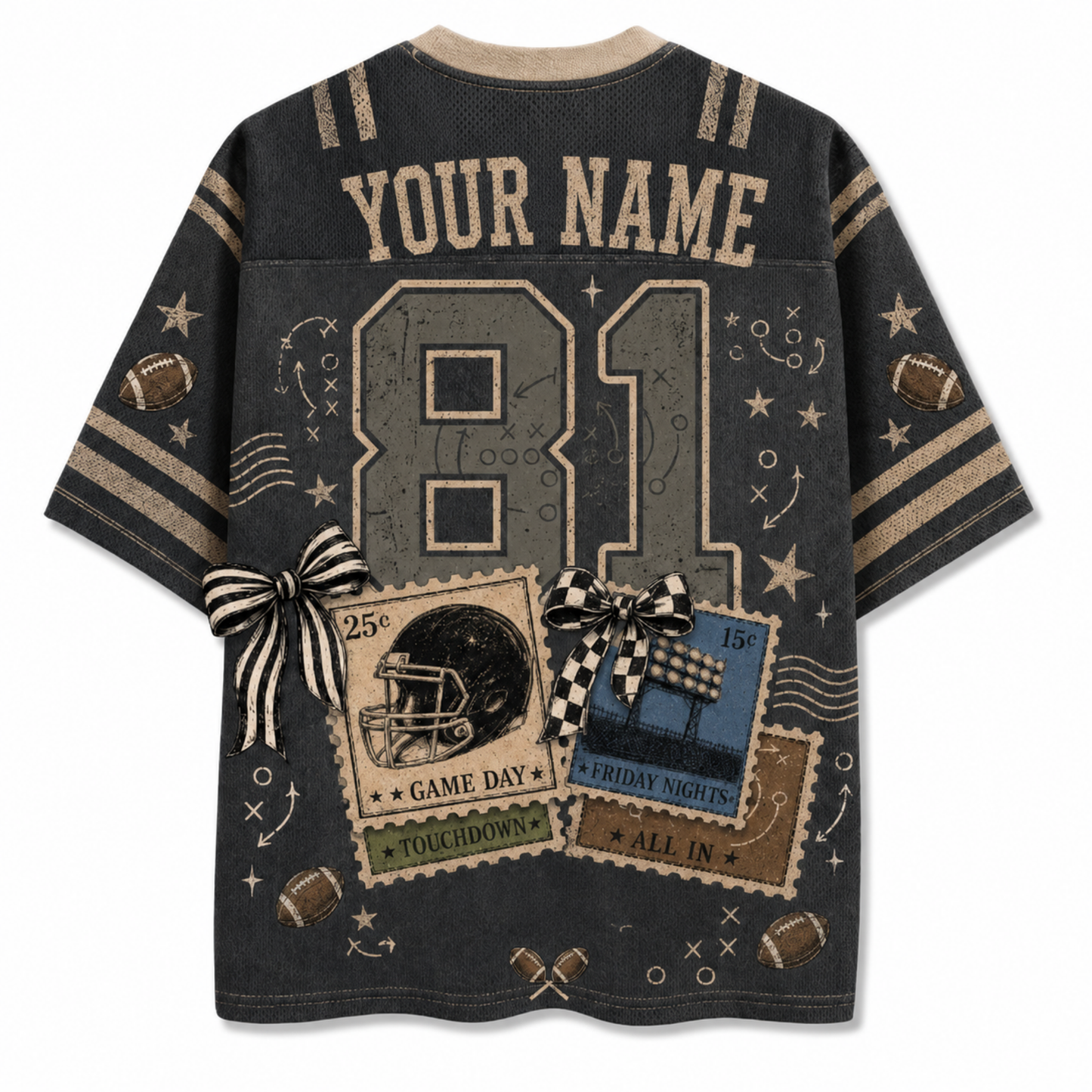 A dark gray short-sleeve t-shirt with a custom sports theme, featuring 'YOUR NAME' and the number '81' on the back. The design includes football motifs, stars, doodles, and two ticket graphics tied with black-and-white striped bows.