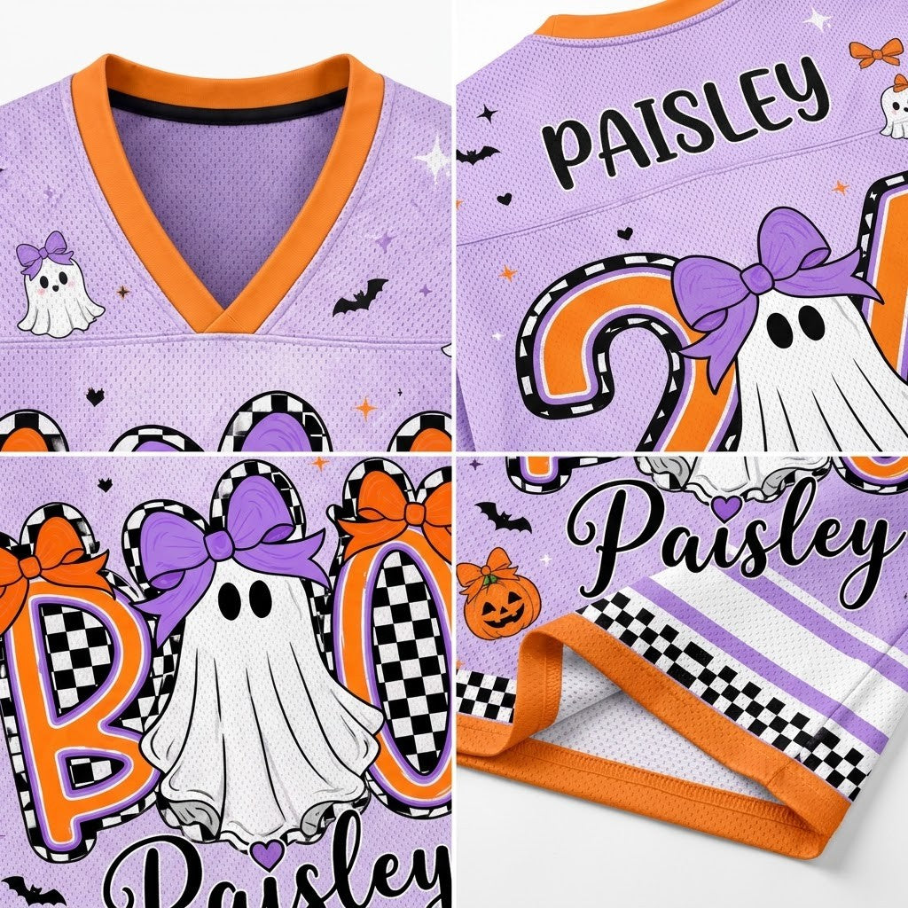 A purple mesh V-neck jersey shown in a four-panel collage, decorated with Halloween graphics including ghosts with purple bows, black bats, a pumpkin, checkered patterns, and the name 'Paisley' in black script. The jersey has orange trim and is shown from multiple angles.