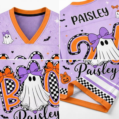 A purple mesh V-neck jersey shown in a four-panel collage, decorated with Halloween graphics including ghosts with purple bows, black bats, a pumpkin, checkered patterns, and the name 'Paisley' in black script. The jersey has orange trim and is shown from multiple angles.