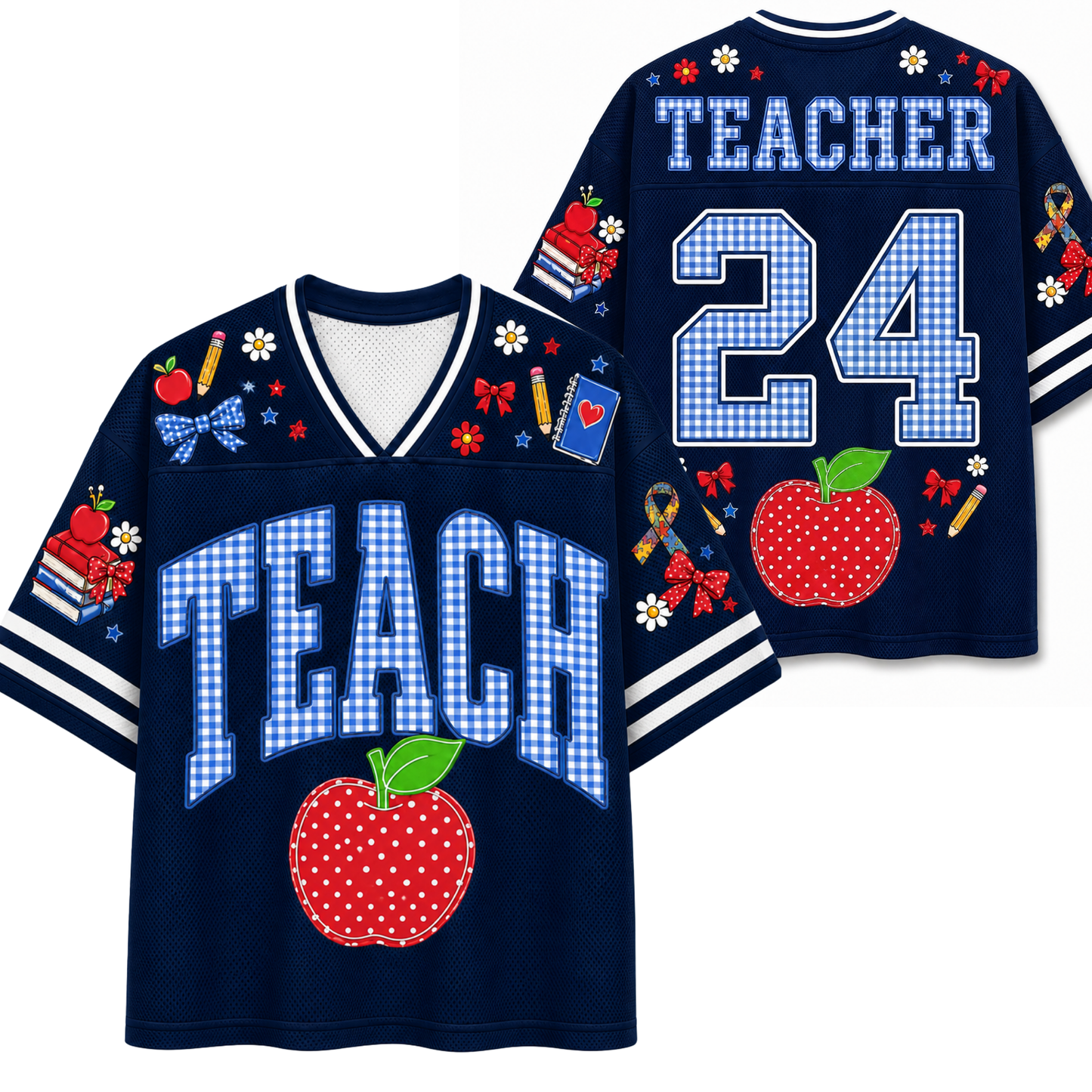 A split screen mockup showing the front and back of the navy blue Chaotic Club TEACH school staff jersey featuring blue gingham letters, red apple graphic, and back number 24.