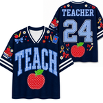 A split screen mockup showing the front and back of the navy blue Chaotic Club TEACH school staff jersey featuring blue gingham letters, red apple graphic, and back number 24.