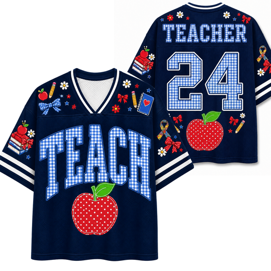 A split screen mockup showing the front and back of the navy blue Chaotic Club TEACH school staff jersey featuring blue gingham letters, red apple graphic, and back number 24.