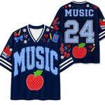 A navy blue V-neck sports jersey shown from both front and back, decorated with music-themed graphics including the word 'MUSIC' in gingham letters, the number 24, red apples, musical notes, flowers, and bows.