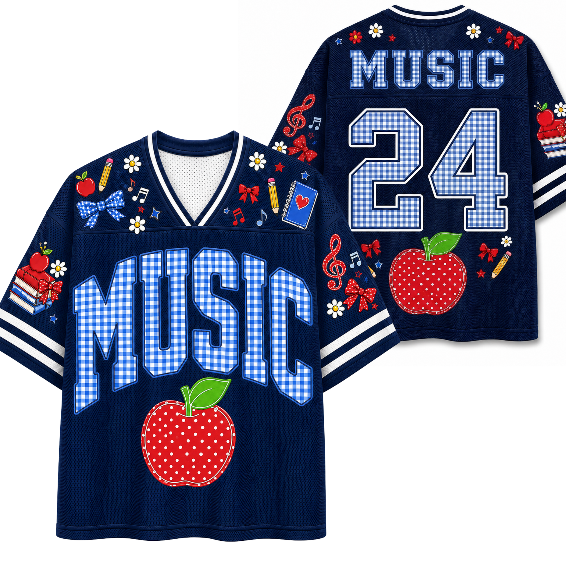 A navy blue V-neck sports jersey shown from both front and back, decorated with music-themed graphics including the word 'MUSIC' in gingham letters, the number 24, red apples, musical notes, flowers, and bows.