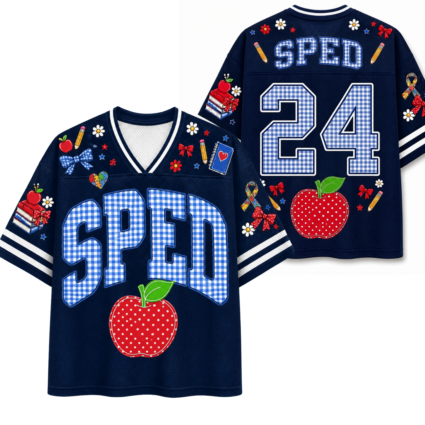 A navy blue V-neck jersey shown from both front and back, featuring 'SPED' and the number '24' in a blue-and-white gingham pattern, decorated with red apples, bows, flowers, and school-themed motifs on a white background.