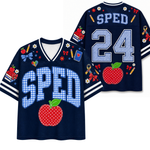 A navy blue V-neck jersey shown from both front and back, featuring 'SPED' and the number '24' in a blue-and-white gingham pattern, decorated with red apples, bows, flowers, and school-themed motifs on a white background.