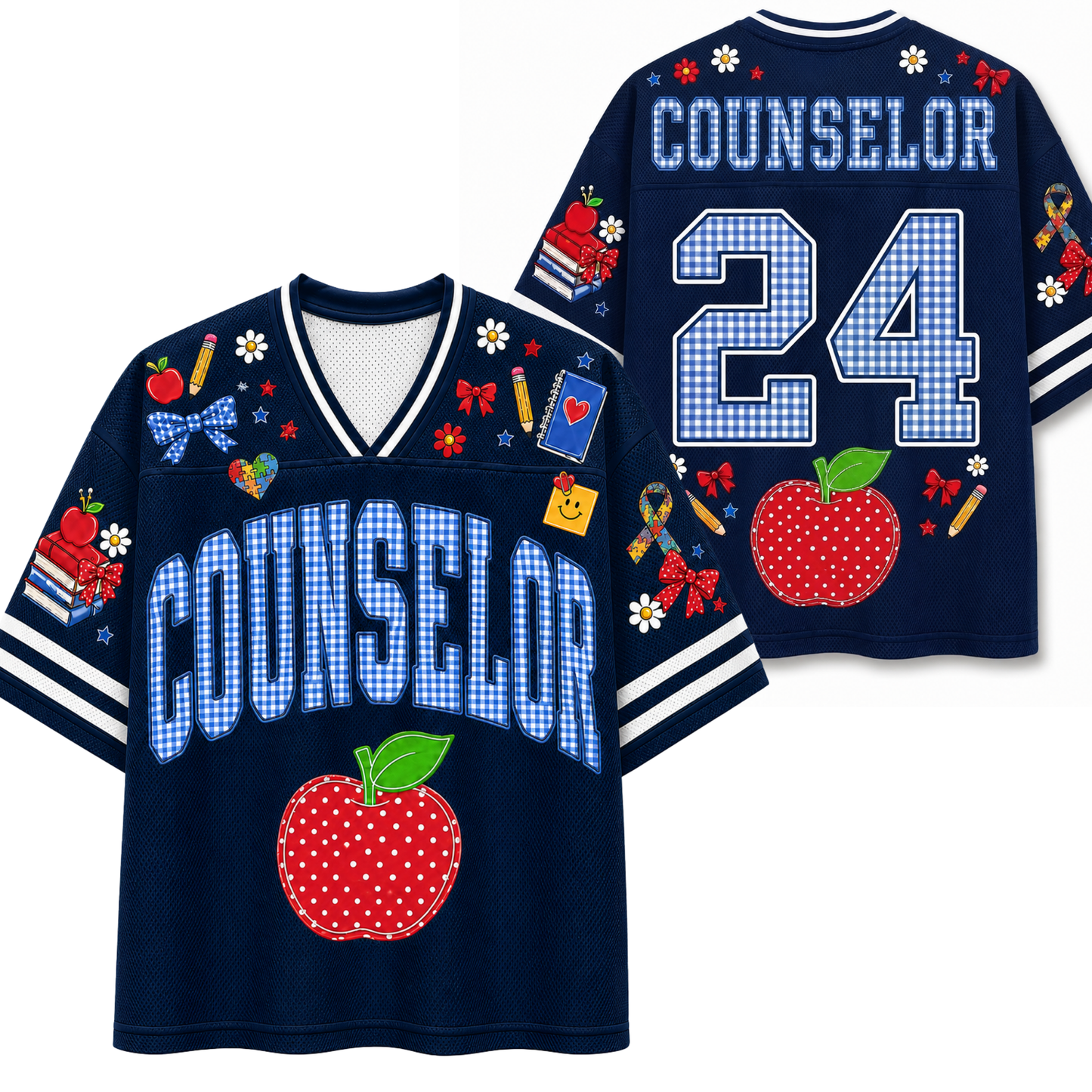 A split screen mockup showing the front and back of the navy blue Chaotic Club counselor school staff jersey featuring blue gingham letters, red apple graphic, and back number 24.