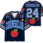 A split screen mockup showing the front and back of the navy blue Chaotic Club counselor school staff jersey featuring blue gingham letters, red apple graphic, and back number 24.