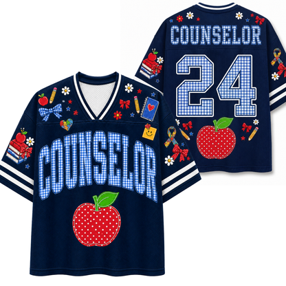 A split screen mockup showing the front and back of the navy blue Chaotic Club counselor school staff jersey featuring blue gingham letters, red apple graphic, and back number 24.
